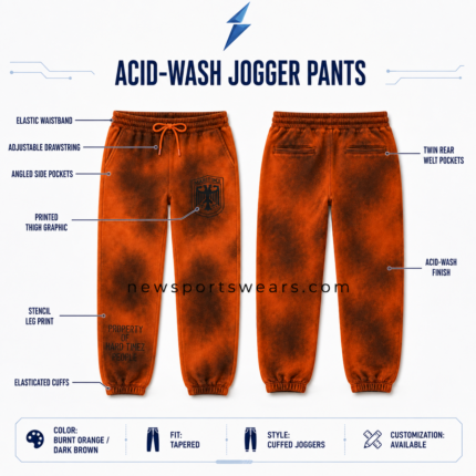 NSW Acid Wash Joggers front and back views with orange-brown wash, graphic placement, pockets and tapered cuffed construction