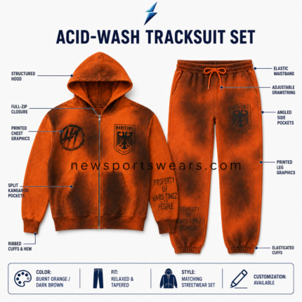 NSW Acid Wash Tracksuit in burnt orange and dark brown with zip hoodie, tapered joggers, Maritime logos and stencil graphics