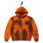 NSW Acid Wash Zip Up Hoodie front view in burnt orange with dark wash panels, chest logos and sleeve print