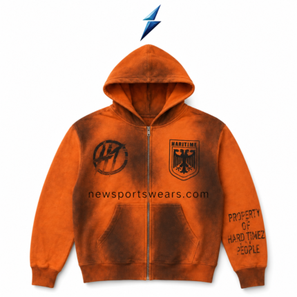 NSW Acid Wash Zip Up Hoodie front view in burnt orange with dark wash panels, chest logos and sleeve print