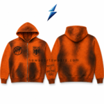 NSW Acid Wash Zip Up Hoodie front and back views with orange-brown vintage wash and printed chest graphics