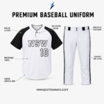 Sportswear for teams, clubs and brands, including custom uniforms, gym wear, tracksuits, sports goods and private-label products for wholesale orders. NSW Baseball uniform manufacturer black and white jersey with matching piped pants by Sportswear