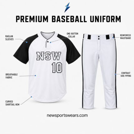 Sportswear for teams, clubs and brands, including custom uniforms, gym wear, tracksuits, sports goods and private-label products for wholesale orders. NSW Baseball uniform manufacturer black and white jersey with matching piped pants by Sportswear