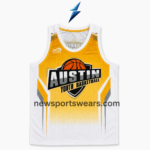 NSW basketball uniform set jersey in yellow and white with sleeveless cut, bound edges and central Austin basketball logo