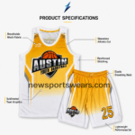 NSW basketball uniform set in yellow and white with Austin chest logo, white side panels and matching number 25 shorts