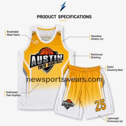 NSW basketball uniform set in yellow and white with Austin chest logo, white side panels and matching number 25 shorts