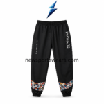 NSW New Sports Wear black Jogger Pants with white thigh graphics and multicolor geometric leg panels.