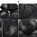 NSW Black zip-up hoodie tonal letter appliqué with frayed edges and visible stitching