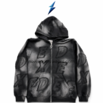 NSW Black zip-up hoodie front view with charcoal wash and distressed stitched lettering