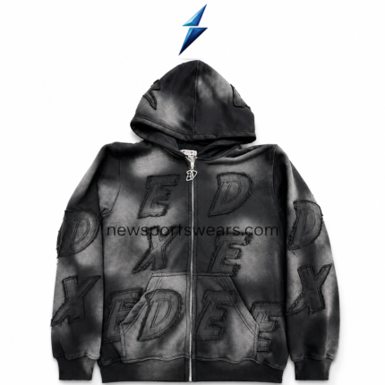 NSW Black zip-up hoodie front view with charcoal wash and distressed stitched lettering