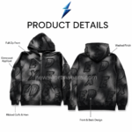 NSW Black zip-up hoodie close-up showing the hood seam zipper and distressed appliqué