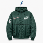 NSW Bomber Jacket in forest green with hood, embroidered chest logos and sleeve applique