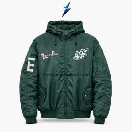 NSW Bomber Jacket in forest green with hood, embroidered chest logos and sleeve applique