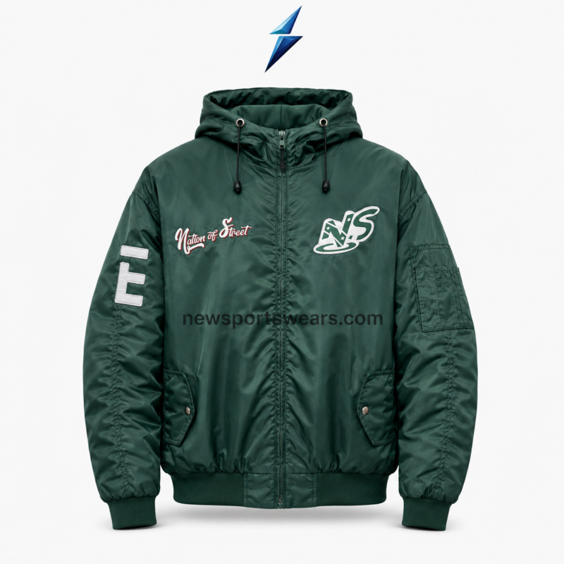 NSW Bomber Jacket in forest green with hood, embroidered chest logos and sleeve applique