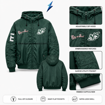 NSW Bomber Jacket specification view with zip hood, embroidered patches, sleeve pocket and ribbed trims