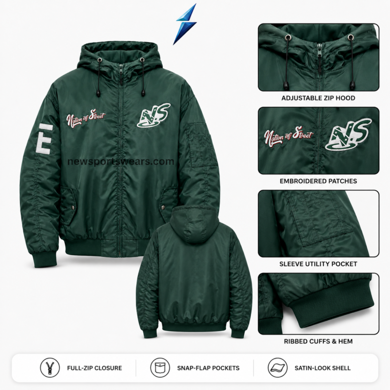 NSW Bomber Jacket specification view with zip hood, embroidered patches, sleeve pocket and ribbed trims