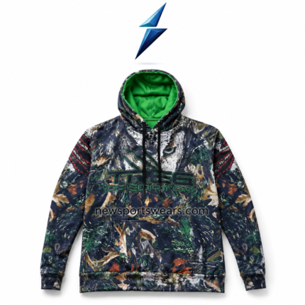 NSW camouflage hoodie front view with green-lined hood, wolf graphic, black drawcords and kangaroo pocket