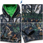 NSW camouflage hoodie close-up showing bright green hood lining, black drawcords and stitched hood edge