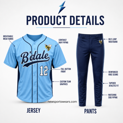 Custom Baseball Uniforms NSW navy baseball pants with powder-blue side piping and bee logo