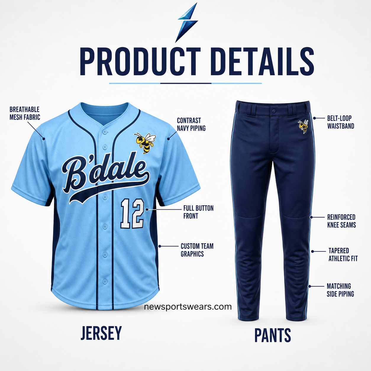 nsw-custom-baseball-uniforms-navy-pants Custom Baseball Uniforms NSW navy baseball pants with powder-blue side piping and bee logo