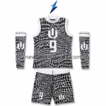 NSW and New Sports Wear custom basketball teamwear with black-and-white jersey, shorts, and matching arm sleeves
