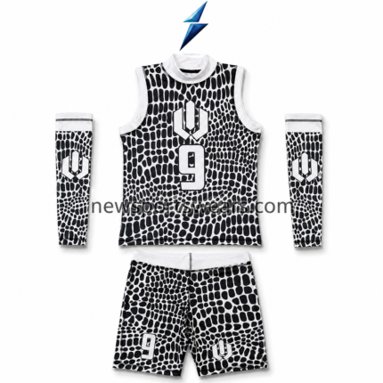 NSW and New Sports Wear custom basketball teamwear with black-and-white jersey, shorts, and matching arm sleeves