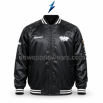 NSW Custom bomber jacket front view with black satin shell, white chest logos and striped rib trims