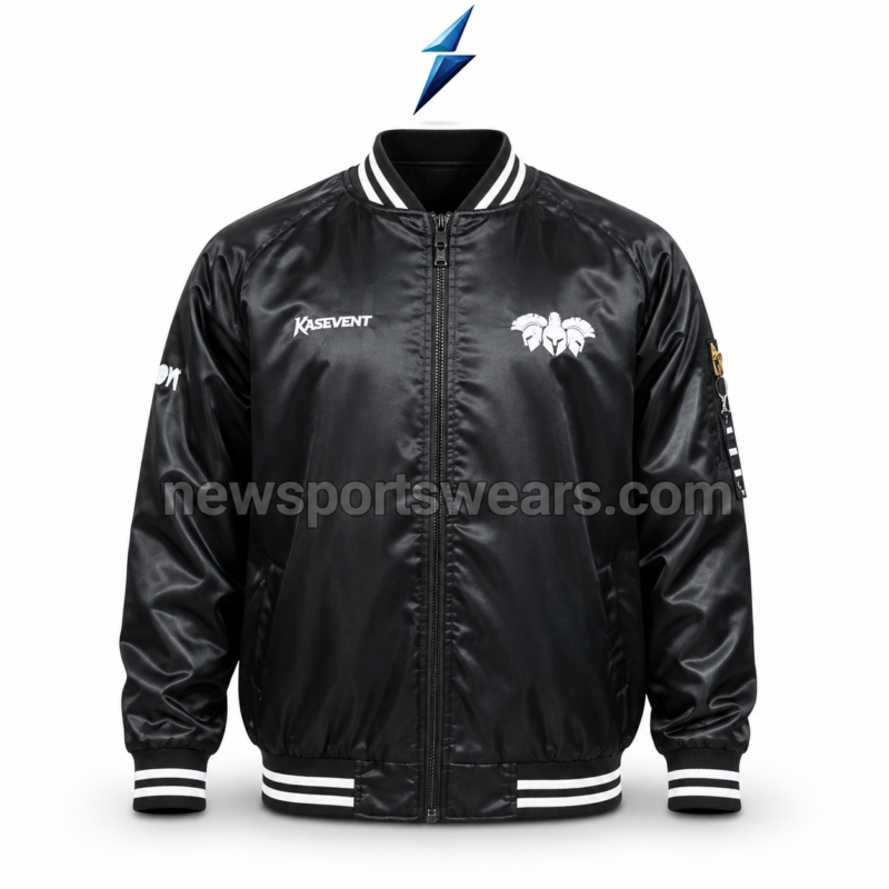 NSW Custom bomber jacket front view with black satin shell, white chest logos and striped rib trims