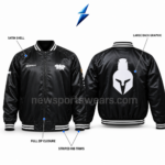 NSW Custom bomber jacket showing glossy black satin panels, shoulder stitching and full zip construction