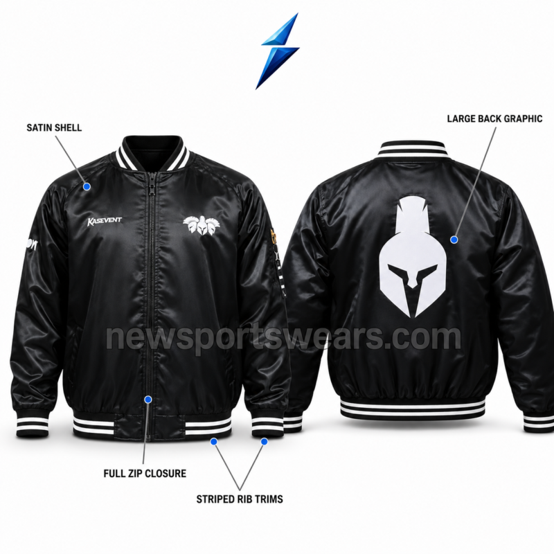 NSW Custom bomber jacket showing glossy black satin panels, shoulder stitching and full zip construction