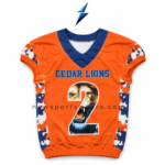 Custom Football Uniforms in orange and navy with Cedar Lions lettering, lion number 2 and NSW branding