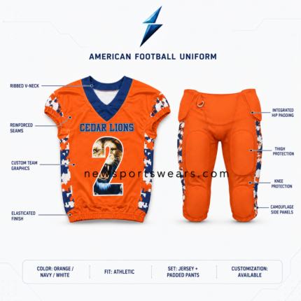 Custom Football Uniforms specification image with orange jersey padded pants callouts and NSW branding