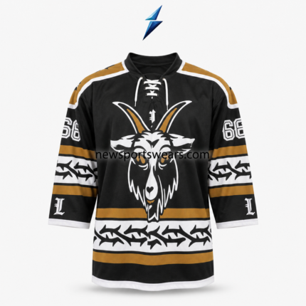 NSW Custom Hockey Jerseys in black, white and gold with lace-up collar and horned-goat front graphic