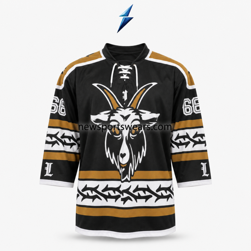NSW Custom Hockey Jerseys in black, white and gold with lace-up collar and horned-goat front graphic