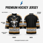 NSW Custom Hockey Jerseys specification image showing breathable fabric, reinforced stitching and printed graphics