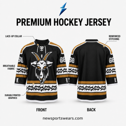 NSW Custom Hockey Jerseys specification image showing breathable fabric, reinforced stitching and printed graphics