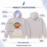 NEW SPORTS WEAR Custom Hoodies in Bulk featuring a colorful basketball-inspired chest graphic over a cream and navy printed body.