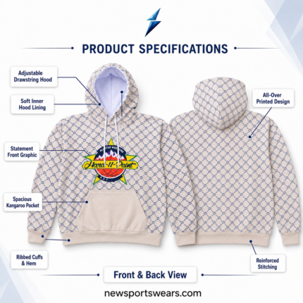 NEW SPORTS WEAR Custom Hoodies in Bulk featuring a colorful basketball-inspired chest graphic over a cream and navy printed body.