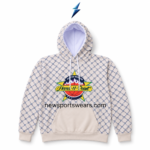 NEW SPORTS WEAR Custom Hoodies in Bulk back view with cream fabric, navy geometric pattern, hood seam and ribbed hem.