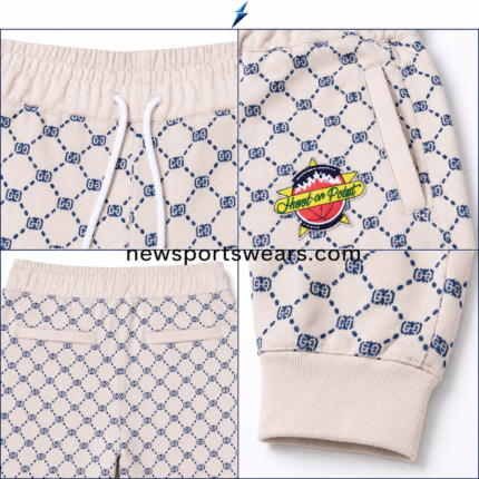 NSW Custom Jogger Pants front view in cream and navy with all-over print, drawstring waist, side pockets and thigh logo.