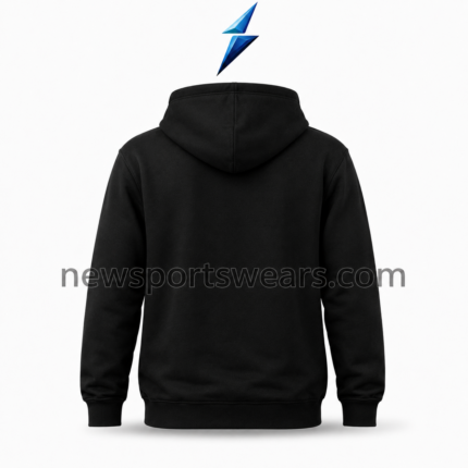 NSW Custom Printed Hoodie rear view with a plain black back, structured hood and ribbed lower hem.