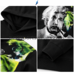 NSW Custom Printed Hoodie close-up showing the monochrome portrait, halftone texture and green accents.