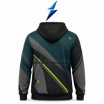 NSW Custom Racing Hoodies specification image showing hood pocket ribbed cuffs and front and back prints