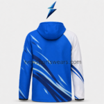 NSW Custom Windbreaker Jackets rear hood with stitched panels and blue-white graphics by NEW SPORTS WEAR
