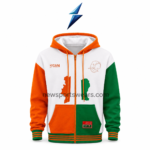 NSW Custom Zip Up Hoodie front view with white body, orange hood and green sleeve