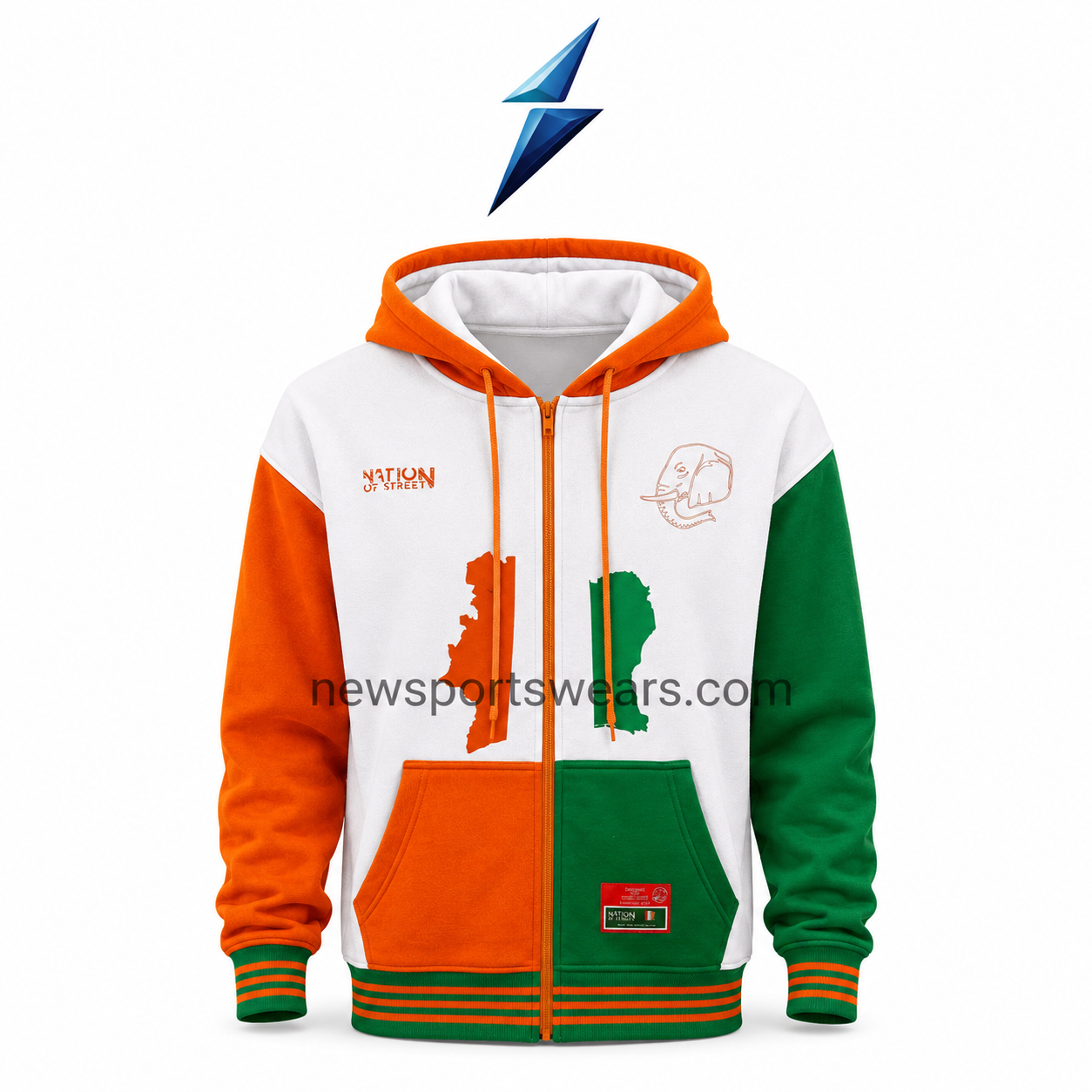 nsw-custom-zip-up-hoodie-front-view NSW Custom Zip Up Hoodie front view with white body, orange hood and green sleeve