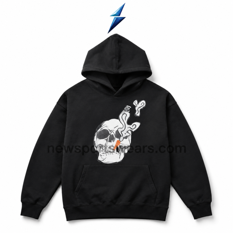 NSW DTF Hoodies in black heavyweight fleece with white grey skull artwork and orange detail by NEW SPORTS WEAR