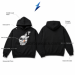 NSW DTF Hoodies close-up showing white grey skull print, dark linework and small orange accent