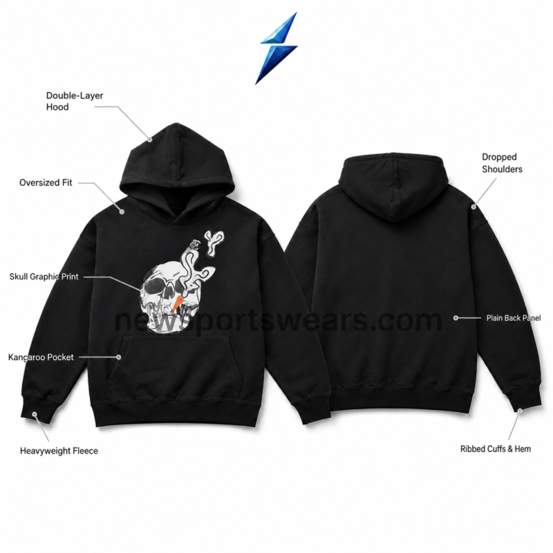 NSW DTF Hoodies close-up showing white grey skull print, dark linework and small orange accent