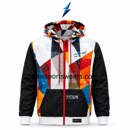 NSW New Sports Wear hoodies jacket showing graphic hood, red drawcords, pockets and ribbed finishes